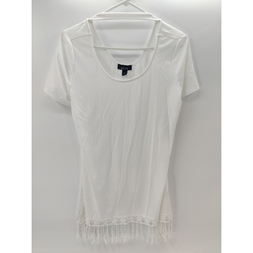 ALYX Women's Ivory Short Sleeve Crochet Fringe Hem Top Size Large NWT
